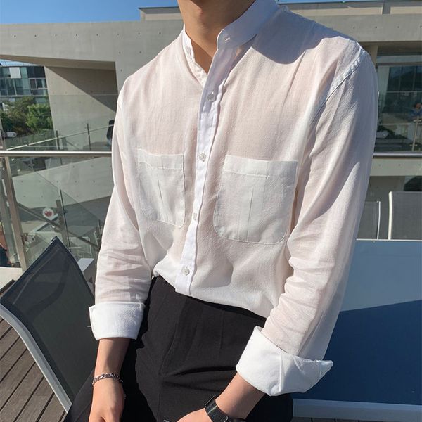 

men's long-sleeved shirt 2020 spring and summer new solid color comfortable long-sleeved shirt young fashion men's clothing, White;black