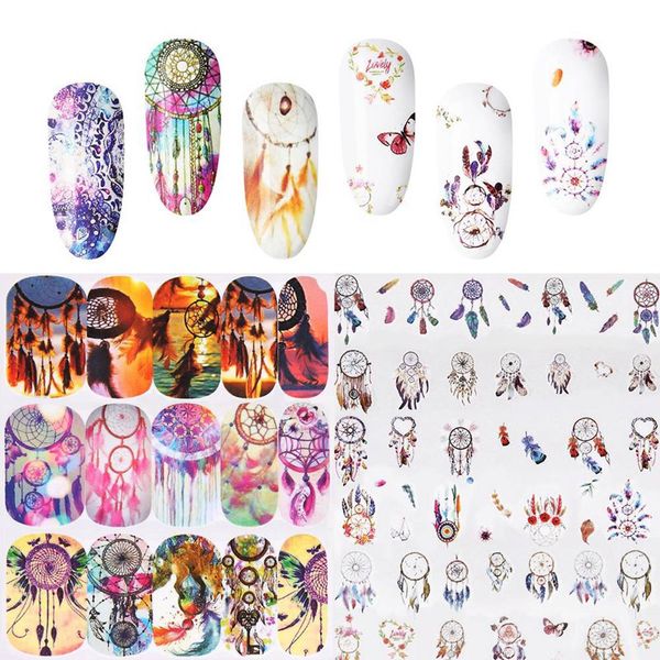 

12 pieces nail sticker set black dreamcather feather decal water transfer slider for nails art decor