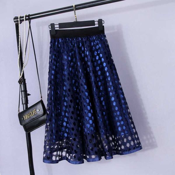 

gigogou hollow out korea high waist women mesh skirt lace stiching midi party tutu skirts chic long a line tulle skirt femme, Black