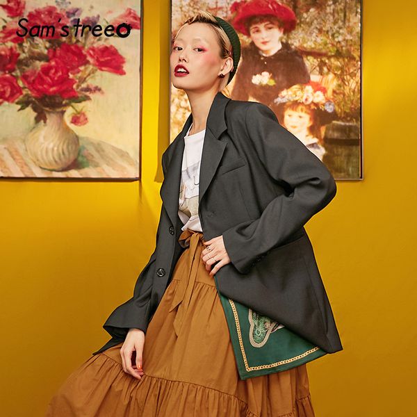 

samstree black casual women blazers,2019 autumn fashion loose korea style female coats oversized streetwear ladies blazer, White;black