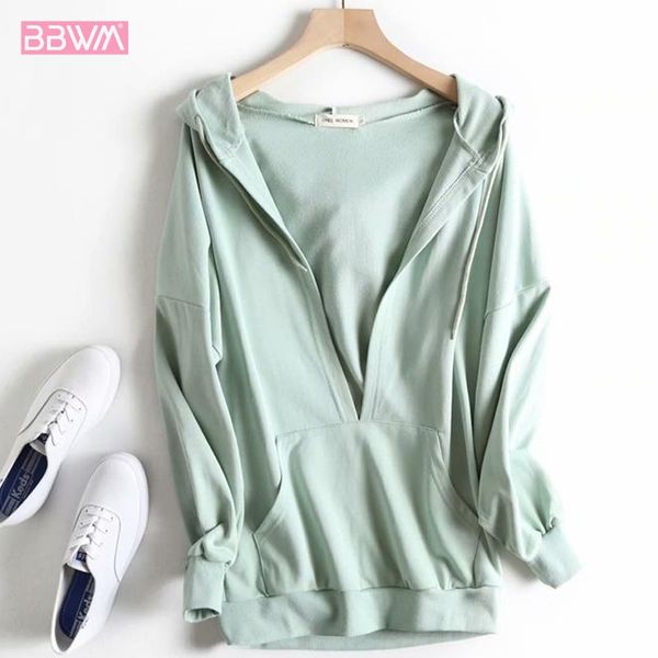 

hooded v-neck long sleeve pullover casual loose women's jacket 2019 autumn knitted green collar hip-hop chic female coat, Black;brown