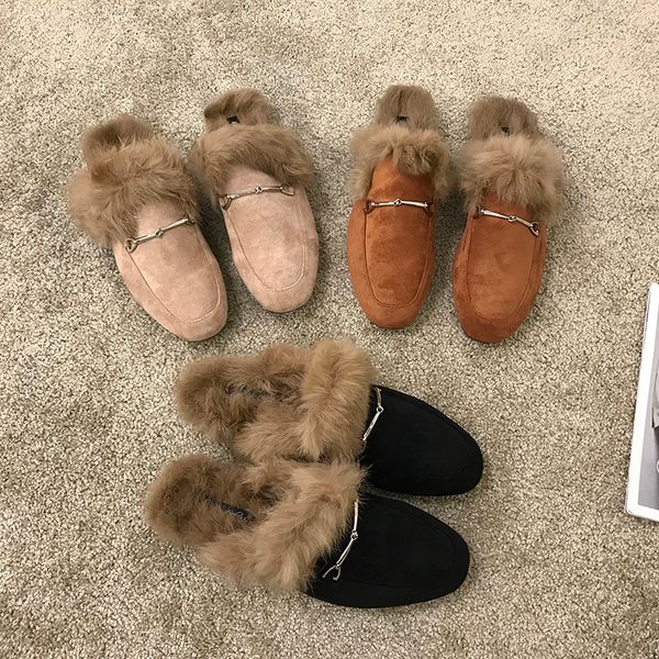 

fur shoes mules for women 2019 woman's slippers loafers slides cover toe rivet fashion plush new flat luxury rubber metal, Black