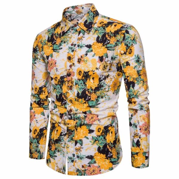 

2018 new spring &autumn shirts fashion folk men ethnic yellow flowers printed casual hawaiian long sleeves dress shirts 4xl 5xl, White;black