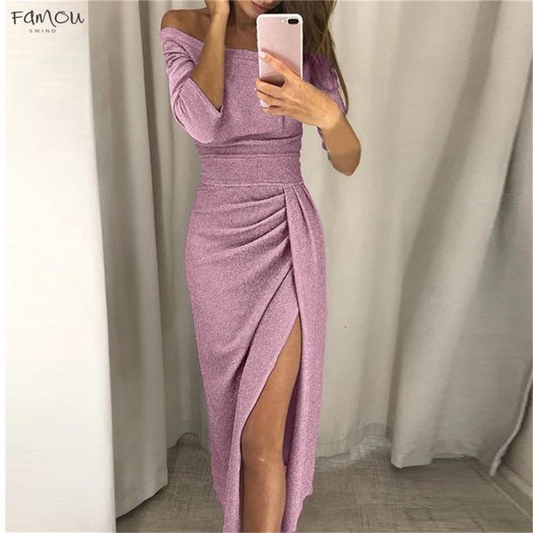 

off shoulder party dress women high slit peplum bodycon dress autumn three quarter sleeve bright silk shiny dress, Black;gray