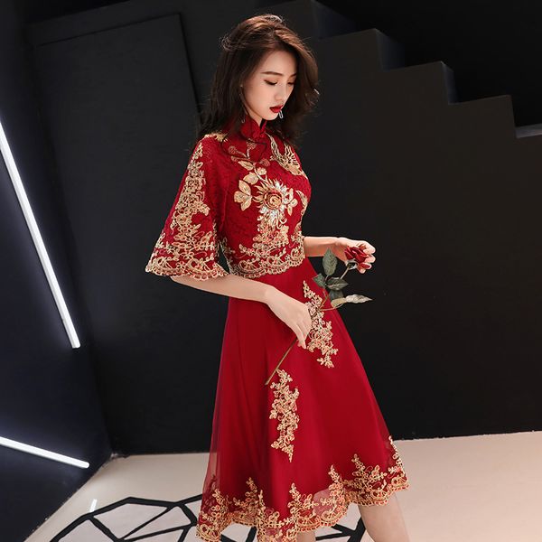 

ethnic clothing burgundy embroidery oriental style banquet dresses chinese vintage traditional wedding cheongsam elegant evening party gowns, Red