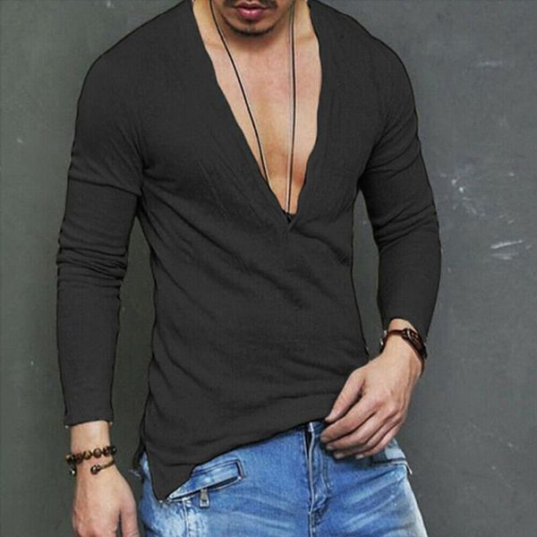 

long new sleeve fashion line long casual style shirts fit slim 2019 v deep t-shirt men shirt neck fhmto, Black