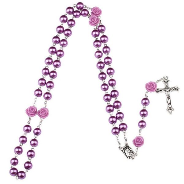 

bead rosary long necklace alloy cross virgin christian catholic jewelry for women virgin mary and jesus crucifix pendant, Silver