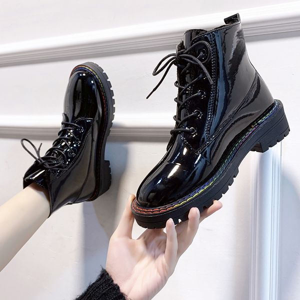 

round toe boots women new 2019 brand women's shoes lace up winter footwear booties ladies low heels booties fashion autumn, Black