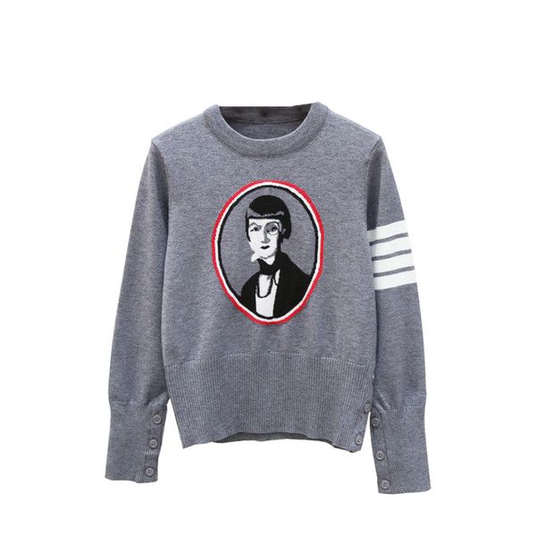 

2019 autumn new women sweater portrait luxury striped slim women designer sweater brooch loose fashion women coat sweater knit size s-l, White;black