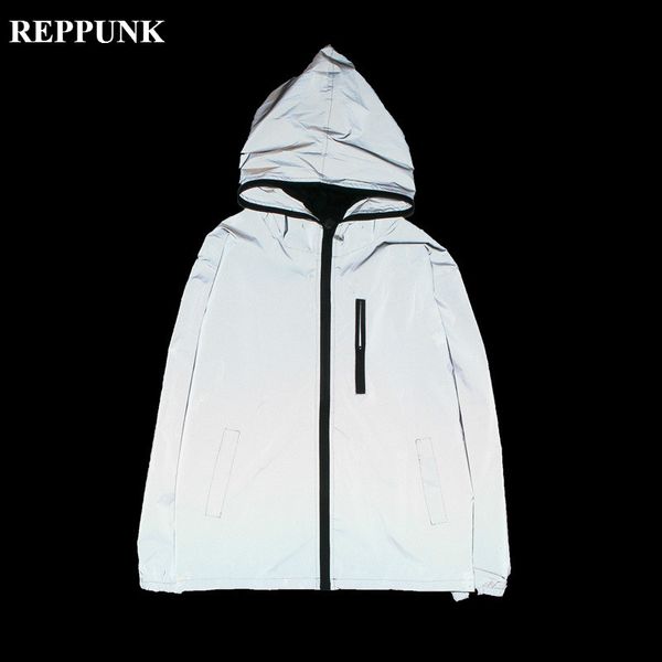 

reppunk 2019 new reflective jackets men hooded jacket hip hop night reflect male quality light harajuku windbreaker coat, Black;brown