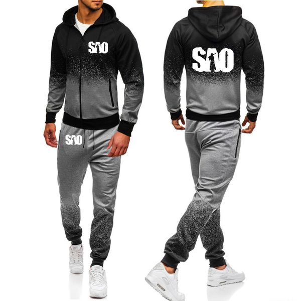 

sao sword art online gradient hoodies men harajuku hip hop sportswear fleece zipper jacket male sweatshirt sweatpants suit 2pcs, Black