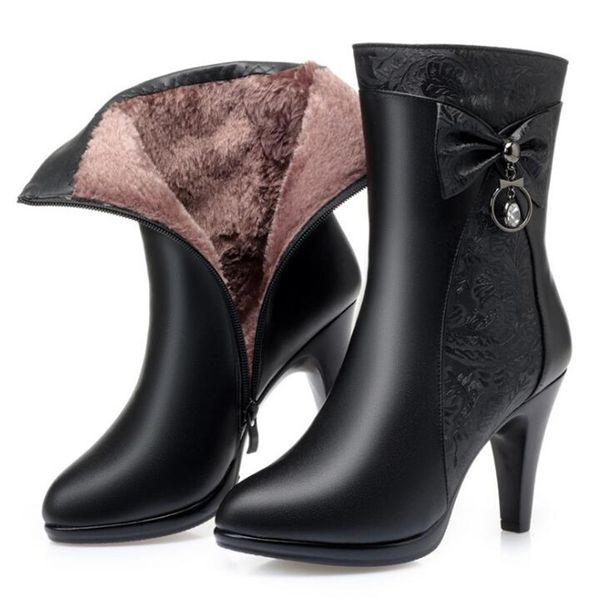 

embossed cowhide splice genuine leather boots bow rhinestone women shoes fashion boots 2019 autumn winter warm wool, Black