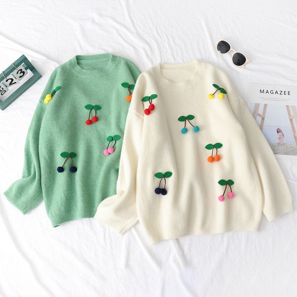 

sweet 3d cherry stitch o-neck sweater kawaii cute girl pullover, White;black