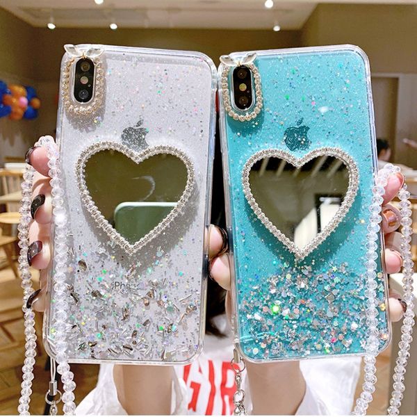

love mirror lanyard phone case for iphone 6 6s 7 8 plus case with chain for iphone 11 pro max x xs max xr back cover