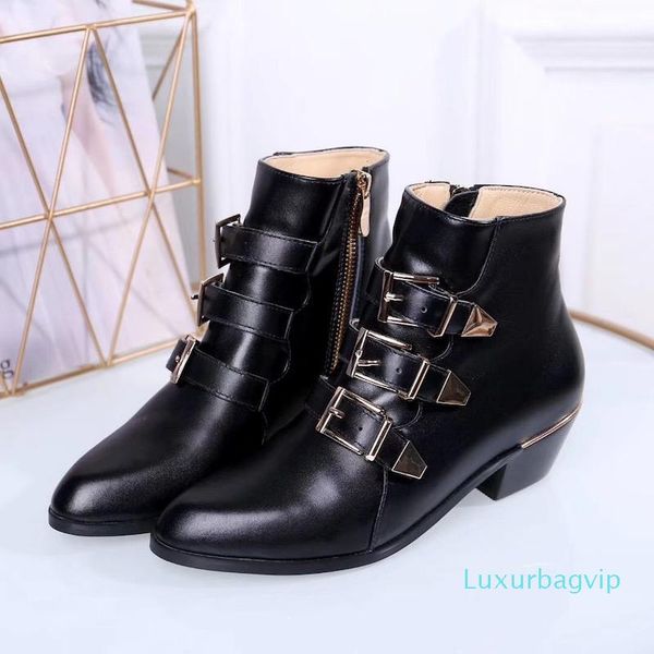 

susanna studded buckle ankle boots for women martin winter boot genuine leather suede designer boots chunky heel combat boots, Black
