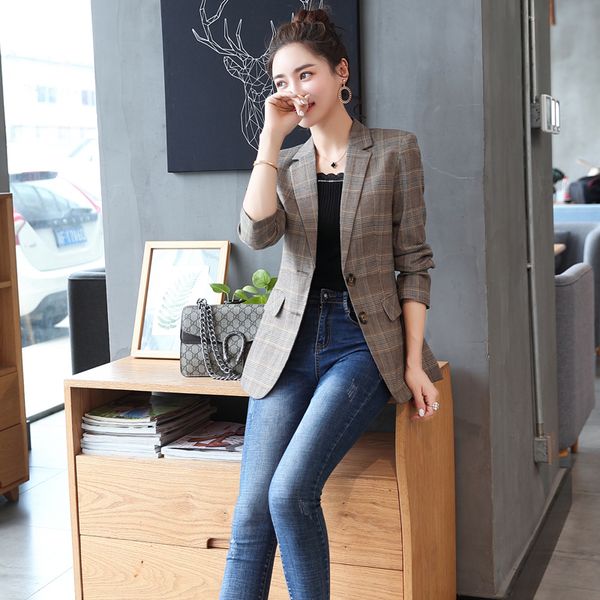 

women's suits & blazers fashion autumn winter women jackets vintage long sleeve plaid female suit single-breasted blazer pockets femini, White;black