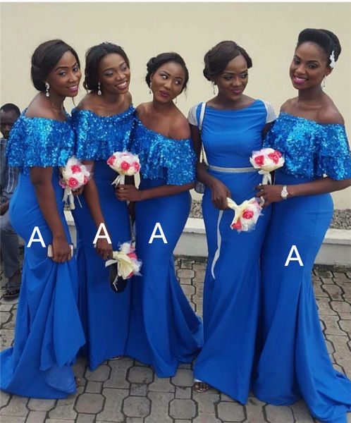Nova África do Sul África Azul Sereia Vestidos de Promoção 2019 Lantejoulas Top Lantejoulas Caped Decote Elegante Desligado Ombro Long Maid of Honor Vestidos Plus Size