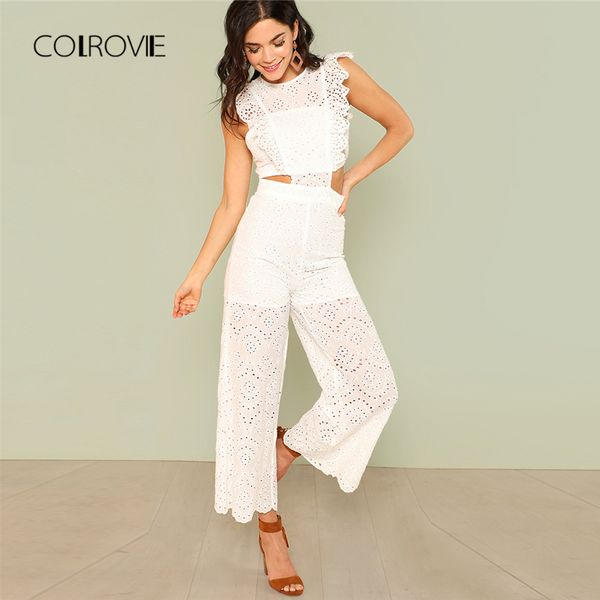 

COLROVIE Eyelet Embroidery Wide Leg Ruffle Women Jumpsuit 2018 New White High Waist Summer Jumpsuit Hollow Out Elegant