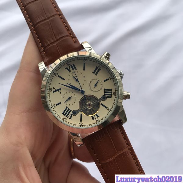 

superior quality card 3 land wrist watch strap leather mechanical automatic movement watches men luxury brand, Slivery;brown