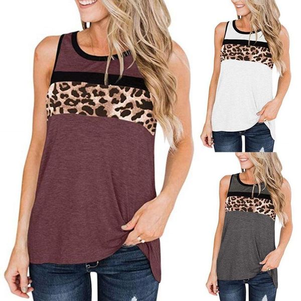 

chic women sleeveless o neck stitching leopard color block loose vest tank top, White