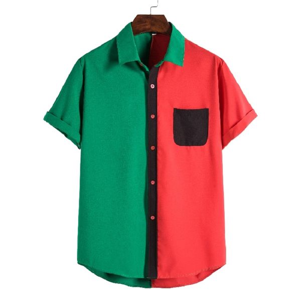 

new fashion mens patchwork shirts summer red greeen contrast color short-sleeved shirt men pocket design outdoor streetwear, White;black