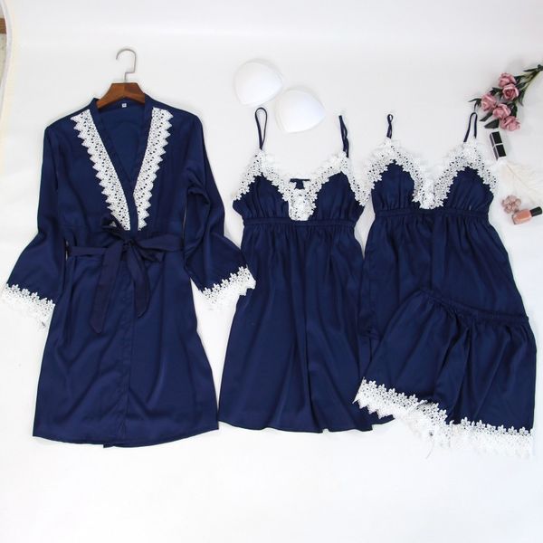 

women's sleepwear autumn silk pajamas sets for women 4 pieces pijamas with belt satin elegant lace nightwear sleep lounge, Black;red