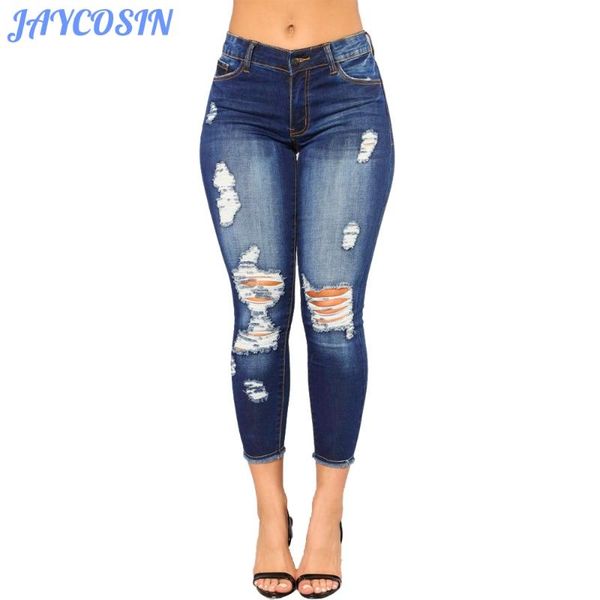 

jaycosin women clothes jeans skinny stretch denim trousers fashion casual distressed slim hole ripped pencil jeans femme 2020, Blue