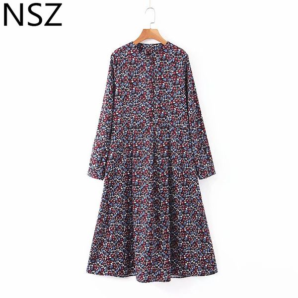 

nsz women print maxi dress round collar elegant midi dress autumn winter 2019 fashion, Black;gray