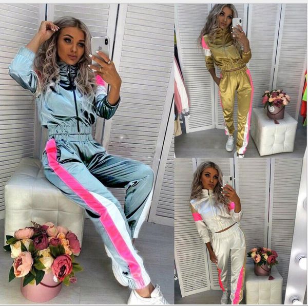 

весна женщины топы куртка + брюки 2 шт набор для печати tracksuit женский костюм балахон crop top zipper sweatsuit, White