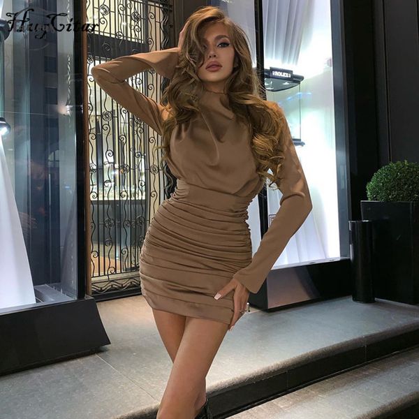

2020 long sleeve ruched pure mini autumn dress autumn winter women streetwear party outfits clubwear, Black;gray