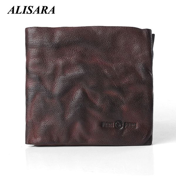 

alisara men short wallet soft sheepskin luxury retro ruched genuine leather male bifold wallets vintage men's wallet, Red;black