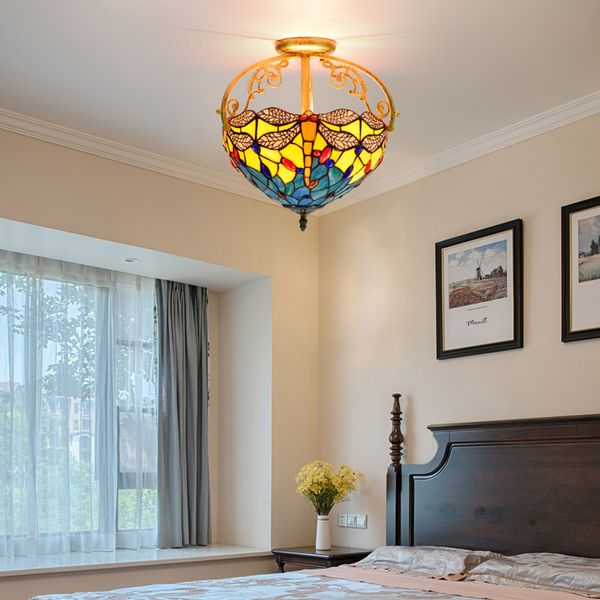 

Tiffany dragonfly stained glass lamp European Retro E27 Semi-ceiling Lamp hotel hall bedroom ceiling light TF042