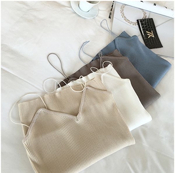 

2019 autumn women's pure color all-match short knitted sling simple camisole vest v-neck inner base vest, Camo