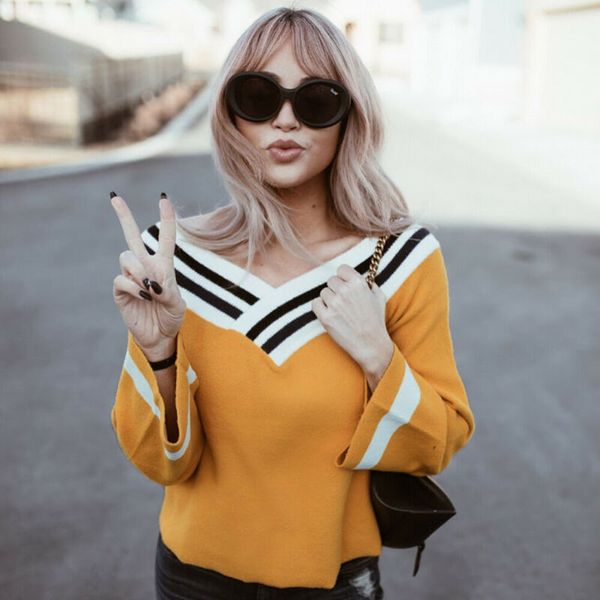 

women sweater autumn fashion casual loose pullovers sweater v-neck women's ladies knitwear 2019, White;black
