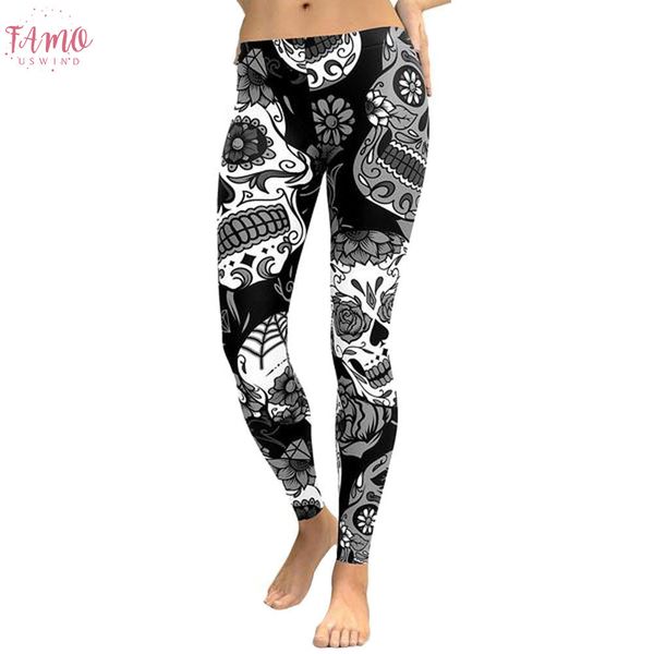 

bohemia женская мода legging брюки черепа печати цветка фитнес гетры женщин брюки тонкий брюки леггинсы 2019 t, Black