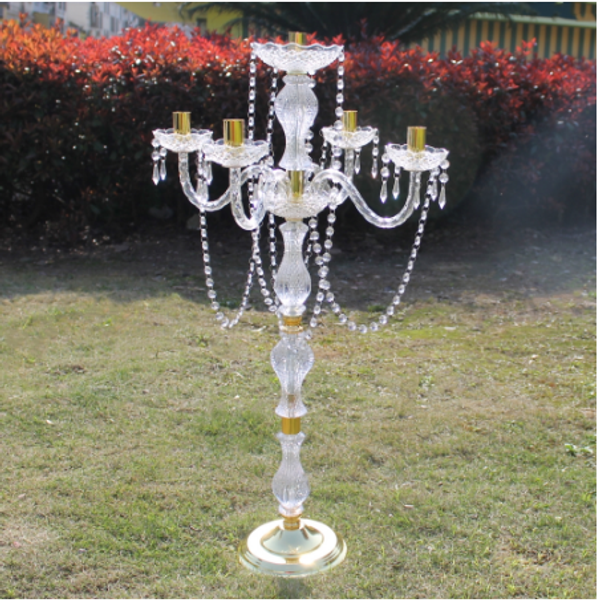 

90 cm height acrylic 5-arms metal candelabras with crystal pendants wedding candle holder centerpiece party decor