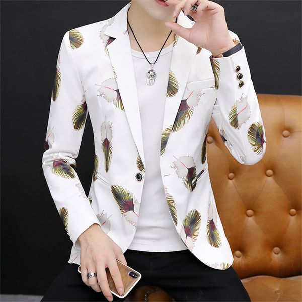 

hoo 2019 men leisure feather printed suit young fashionable joker suit, White;black