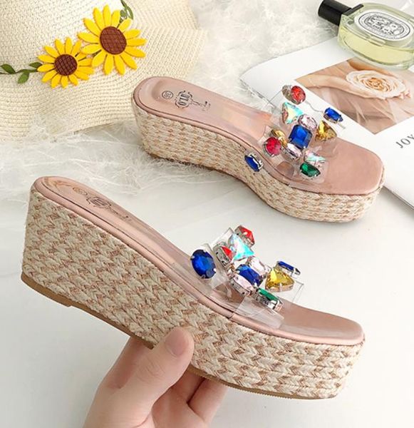 

adorable handmade rhinestone beaded designer sandals 7cm platform wedges high heels designer shoes 9cm 2020 size 34 to 40, Black