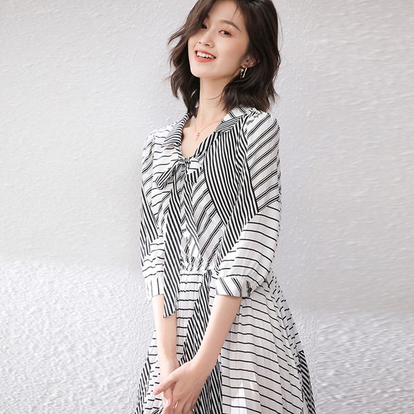 

striped stitching dress 2020 light irregular sleeve pleated human cotton ol long skirt, Black;gray