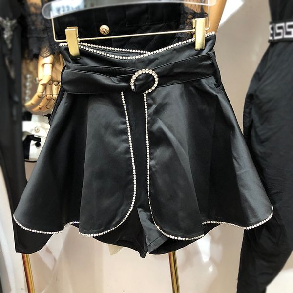 

2020 spring new diamond culottes fashion wide leg shorts women's high waist lace-up black skirt shorts girls, White;black