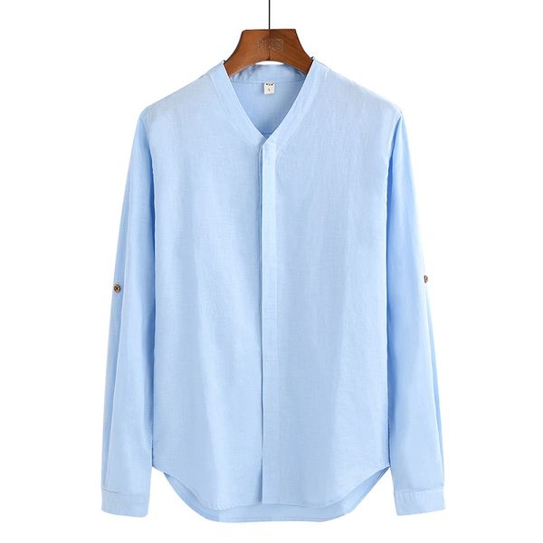 

2020 лето новый длинный рукав хлопок льняная рубашка повседневная мода дышащий сплошной цвет рубашки топы y2638, White;black