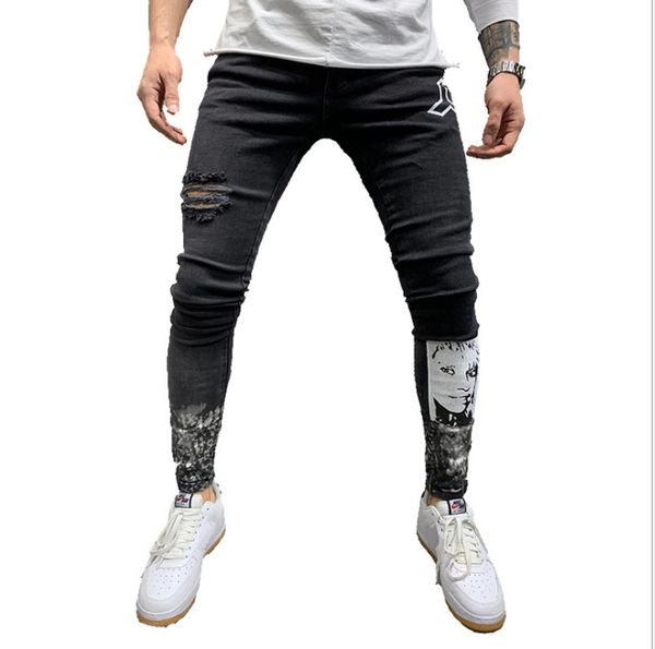 

new men stretchy ripped skinny biker printed jeans destroyed hole taped denim scratched jean, Blue