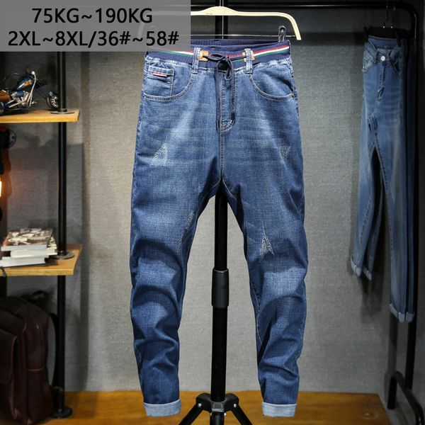 

большой размер 7xl-8xl мужчины упругие талии хлопка джинсы высокого натяжные штаны красивый синий бизнес повседневный шаровары гипертрофия, Blue