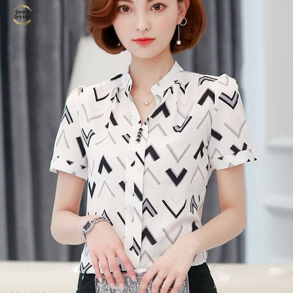 

2019 summer chiffon office lady blouse women shirt fashion short sleeve stripe womens clothing womens blusas d759 30, White