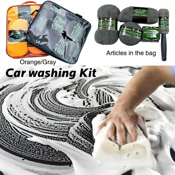 

9pcs auto car washing tools set microfiber towels + applicator pads + wash sponge wash glove wheel brush