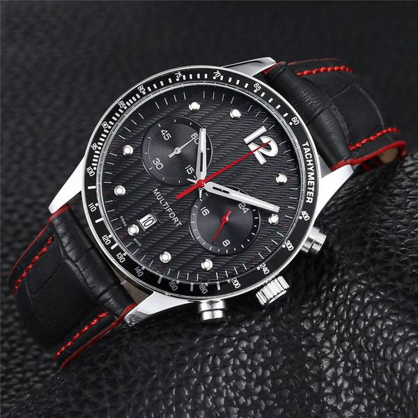 

brand luxury mens watches all functional sub dial work chronograph quartz watches leather band stainless steel case waterproof watches, Slivery;brown