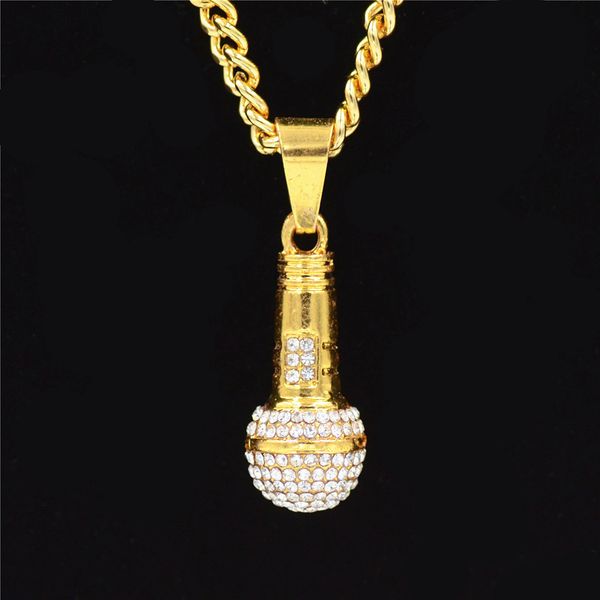 

european and american trend microphone pendant good voice hiphop night club hip hop water drill gold microphone hip hop necklace, Silver