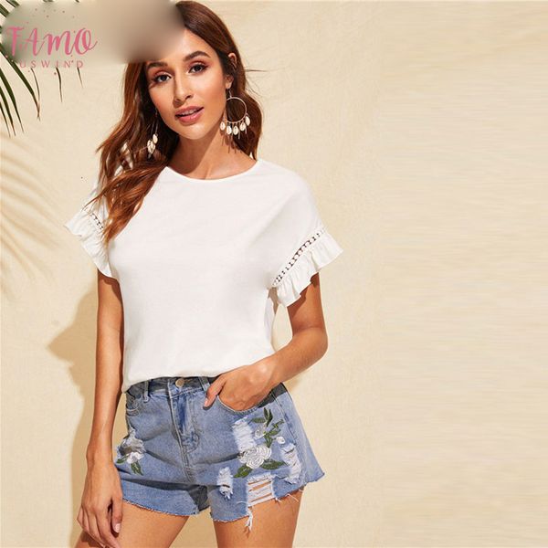 

linen ruffle trim guipure lace detail white t shirt ladies summer casual cute solid short sleeve stretchy women tshirt
