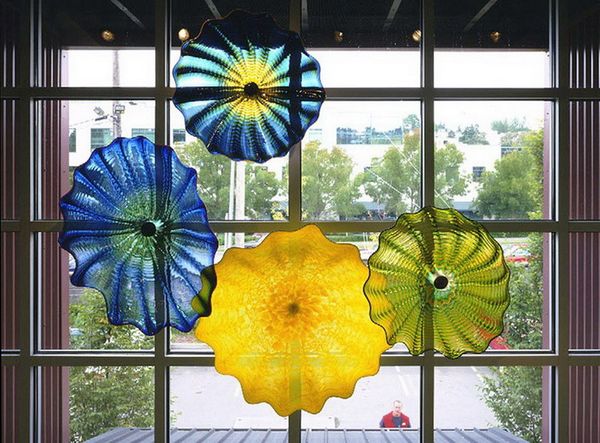 

murano flower glass hanging plates wall art blue colored blown glass lights