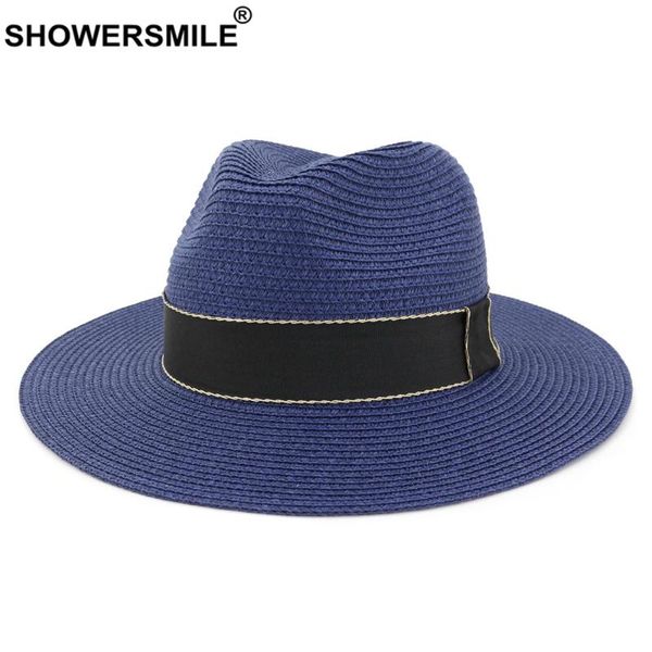 

showersmile summer hat women panama hat fedora straw sunhat women beach sun visor cap chapeau vintage jazz trilby cap sombrero, Blue;gray